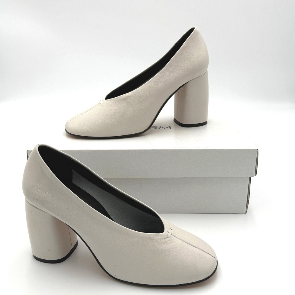 Ethem Dresser White Leather Block Heel Pumps Size 37 Round Toe Shoes